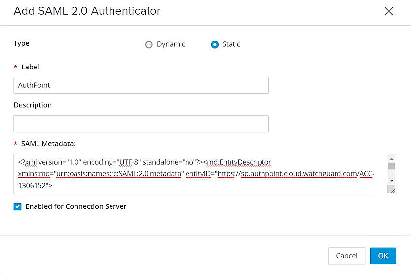 Screen shot of the Add SAML 2.0 Authenticator